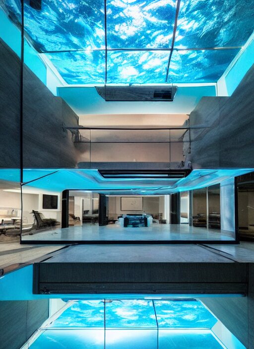 a futuristic sci - fi underwater home with mirrored walls, dreamatic lighting 