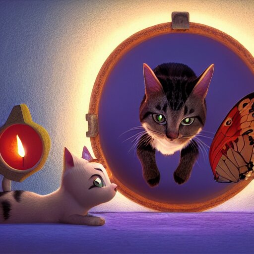 a wholesome cottagecore illustration of a cat chasing a butterfly through a portal to the 4th dimension, Pixar and Disney animation, sharp, Rendered in Redshift and Unreal Engine 5 by Greg Rutkowski, Bloom, dramatic lighting