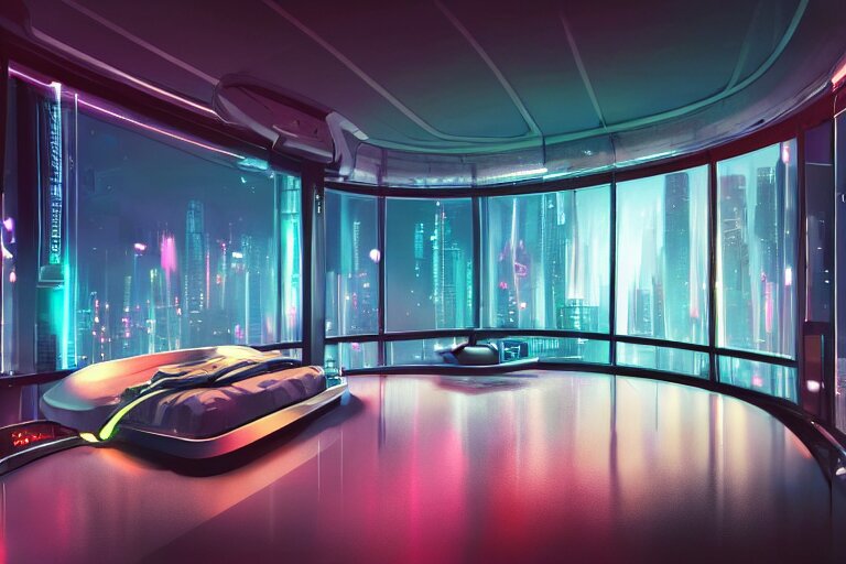 a futuristic bedroom with large curved ceiling high windows looking out to a far future cyberpunk cityscape, cyberpunk neon lights, raining, scifi