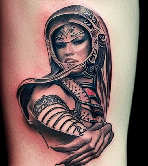 tattoo design on white background of a beautiful girl warrior, hyper realistic, realism tattoo, by eliot kohek 