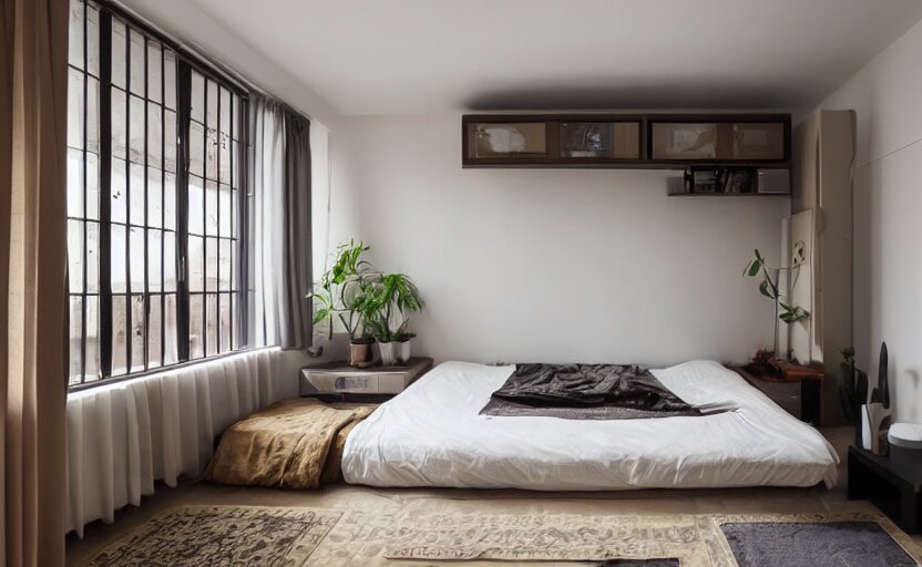 saudi arabian apartment bedroom interior, minimalism, bed, cupboards, modernism, persian design, compact, beige, black, wood, rust, little windows, brass, plants, retro futurism, swedish design 