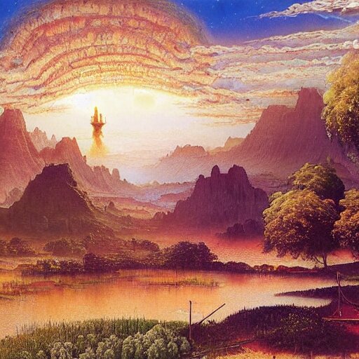 a beautiful painting renaissance painting by bob ross and lawlery botticello, panorama, psychedelic painting dark dusty village apparition, by bruce pennington and vincent jusko, watercolor, 2 d game art 