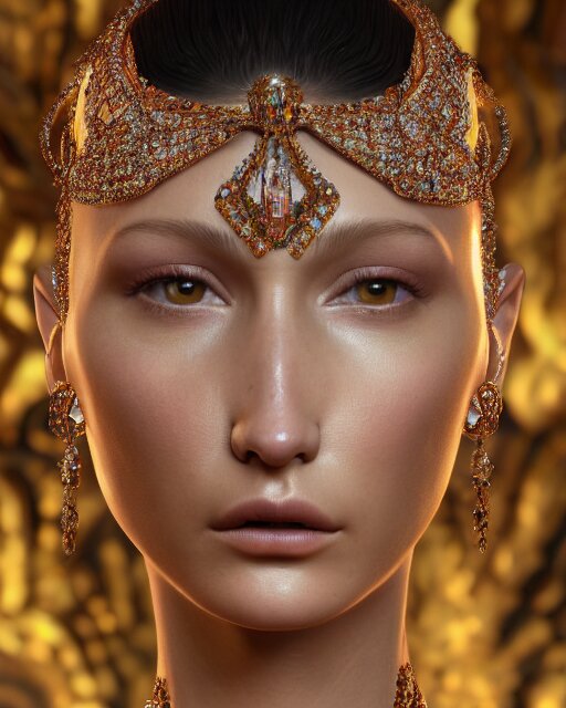 a highly detailed metahuman 8 k close up render of bella hadid in gustav klimt style in diamonds crystals swarovski and jewelry on artstation made in unreal engine 4 