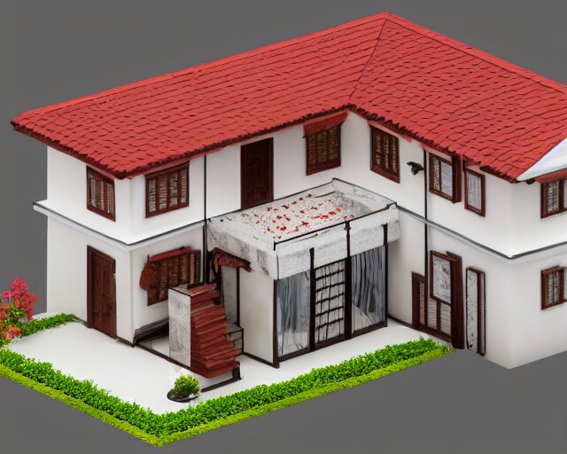 small cute assam type house, 1 0 0 mm, 3 d render, isometric, diorama, perfectly centered and isolated on white background 