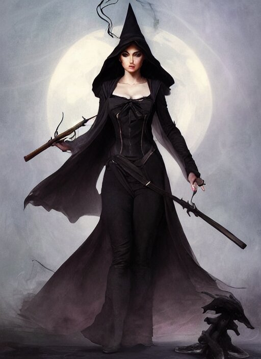 character concept portrait of anna de armas as a witch with a big black pointy hat casting a spell, a floating burning love potion in the center, intricate, elegant, digital painting, concept art, smooth, sharp focus, illustration, from Metal Gear, by Ruan Jia and Mandy Jurgens and William-Adolphe Bouguereau, Artgerm