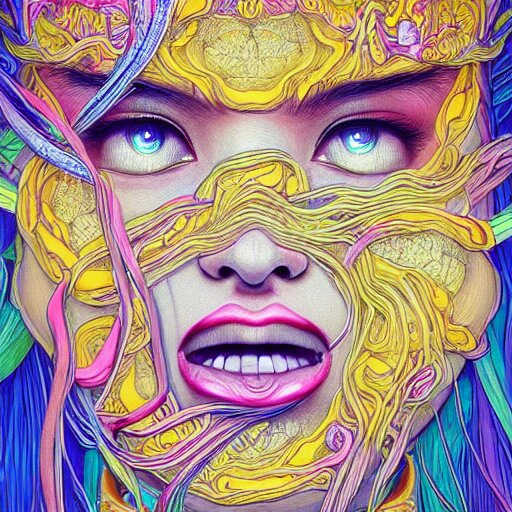 the face of an unbelievably beautiful and pretty japanese girl partially made of onion rings of all colors looking down, an ultrafine detailed illustration by james jean, final fantasy, intricate linework, bright colors, behance contest winner, vanitas, angular, altermodern, unreal engine 5 highly rendered, global illumination, radiant light, detailed and intricate environment 