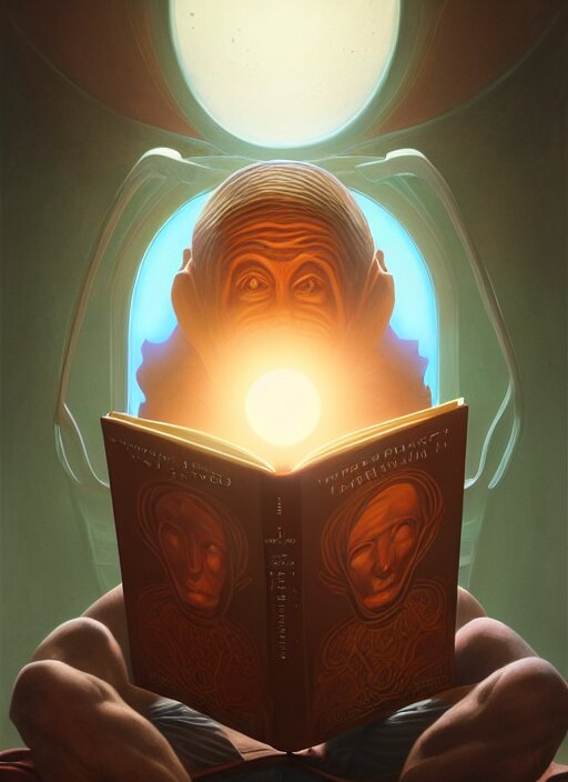 centered painted portrait, face of a classic depiction of an alien reading a book about humans, gloomhaven, matte painting concept art, art nouveau, beautifully backlit, swirly vibrant color lines, muted and dull colors, aesthetic octane render, 8 k hd resolution, by ilya kuvshinov and cushart krentz and gilleard james 