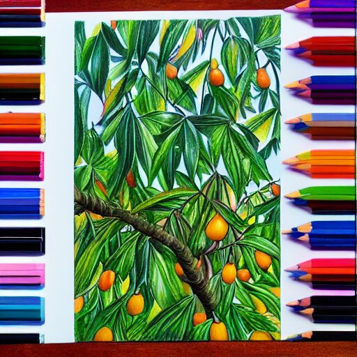  Colored pencil art on paper, Mango tree, highly detailed, artstation, MasterPiece, Award-Winning, Caran d'Ache Luminance