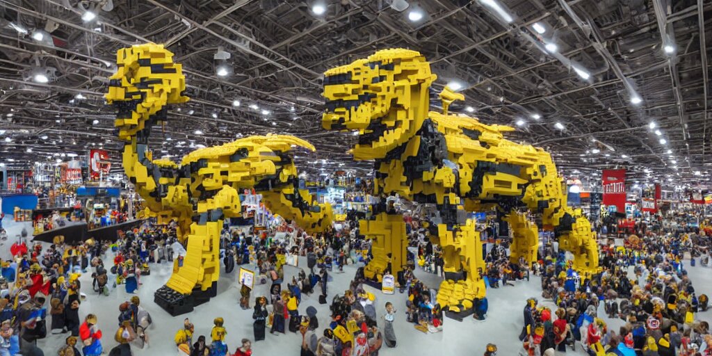 wide shot lens photo of a very intricately detailed and epically shaped 3. 5 meter long tifa lockhart lego sculpture designed by a master builder as displayed at a lego convention, low angle shot. 