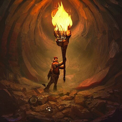 deep underground, an explorer holding up a torch finds a cursed gem. , concept art, trending on artstation 3D.