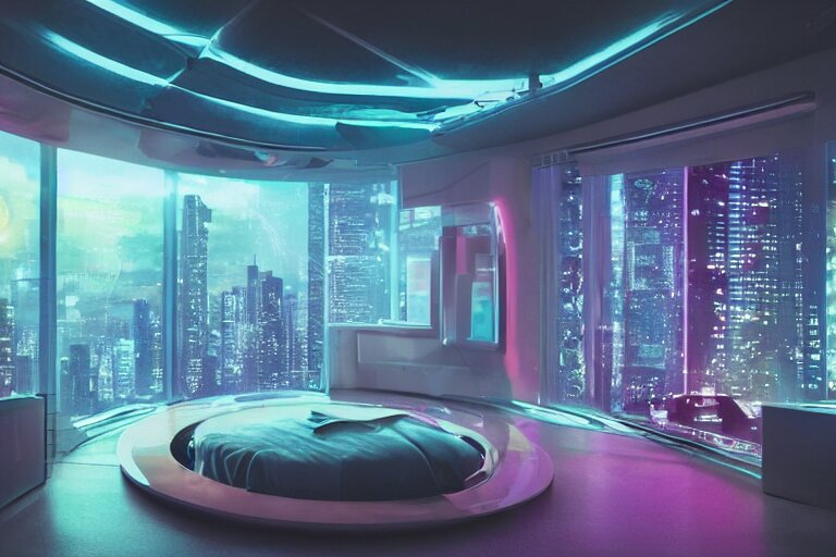 a futuristic bedroom with large curved ceiling high windows looking out to a far future cyberpunk cityscape, cyberpunk neon lights, raining, scifi