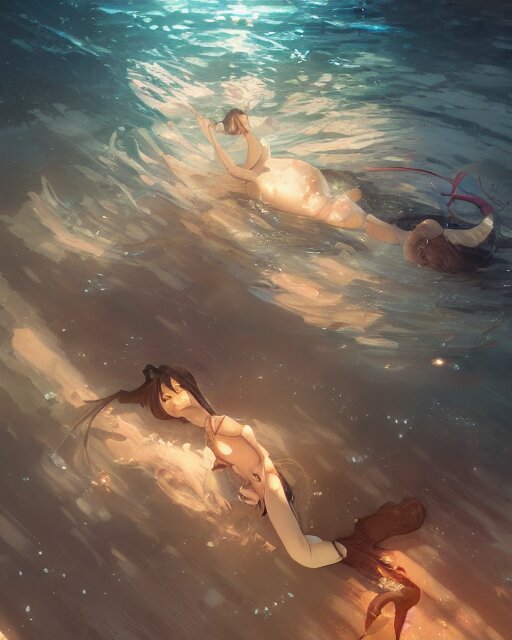 Under Water, Full shot, Atmospheric lighting, By Makoto Shinkai, Stanley Artgerm Lau, WLOP , Rossdraws, James Jean, Andrei Riabovitchev, Marc Simonetti, krenz cushart, Sakimichan, D&D trending on ArtStation, digital art.