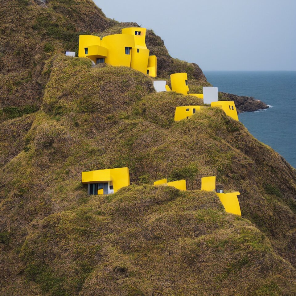 a tiny flat horizontal house on a cliff, designed by Frank Gehry. Big tiles. Small wooden pathway . Film grain, cinematic, yellow hue