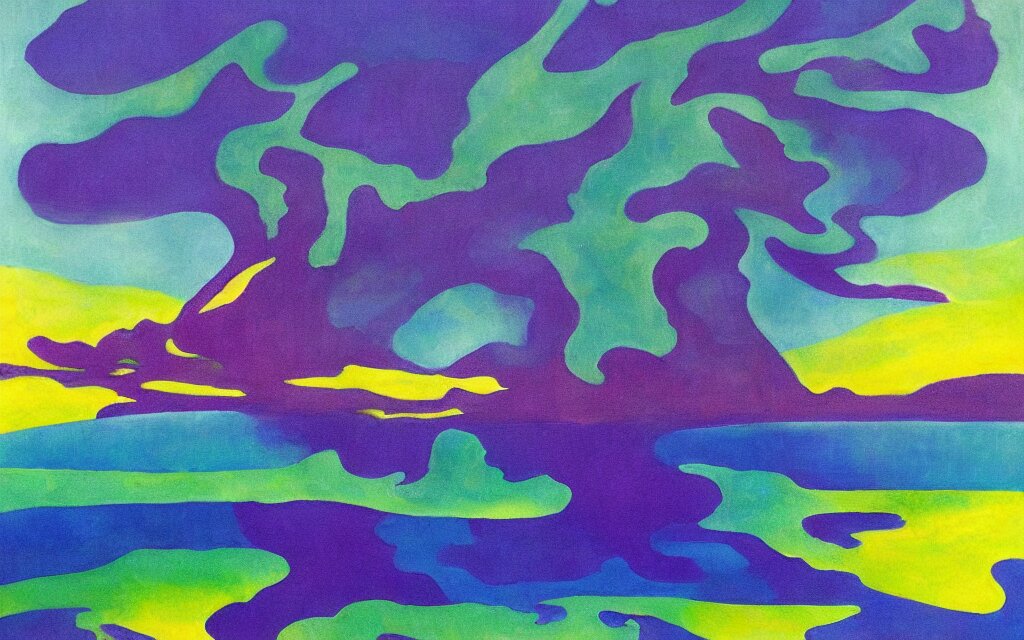 the explosion of an atomic power plant and reflection in a lake in the style of georgia o keeffe. colorful, wavy. painting. medium long shot. perspective. color palette of blue, yellow, purple, green. 