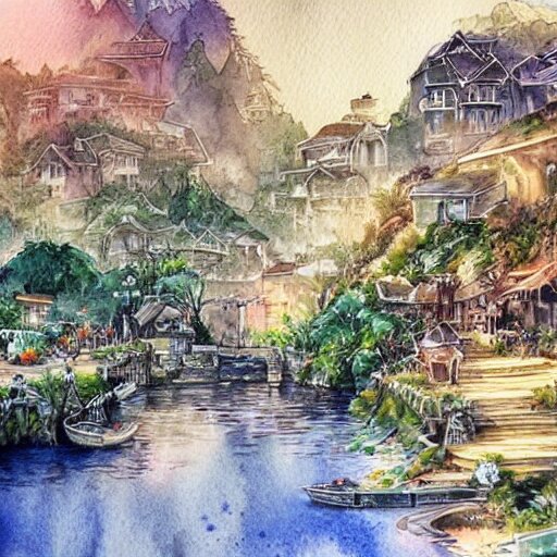 Beautiful happy picturesque charming sci-fi town in harmony with nature. Beautiful light. Water and plants. Nice colour scheme, soft warm colour. Beautiful detailed artistic watercolor by Lurid. (2022)