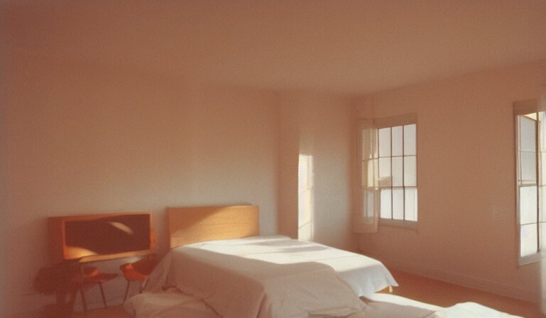 A bedroom designed by Peter Saville, 35mm film, long shot