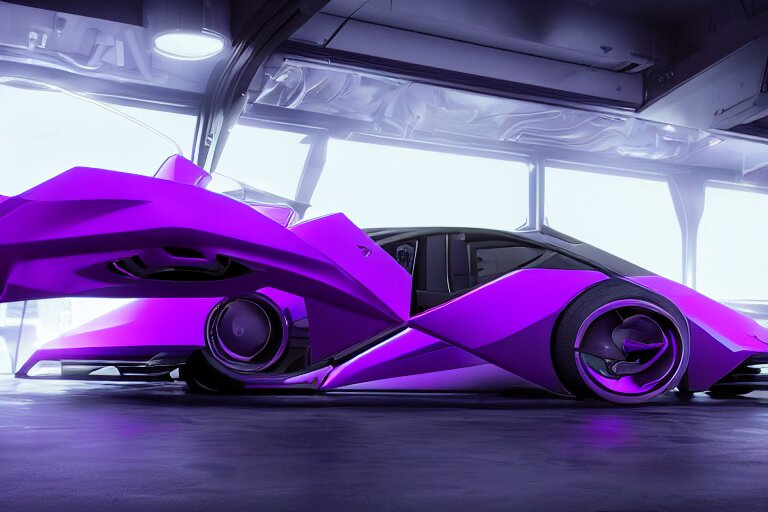 cyberpunk purple lamborghini concept inspired sports car, futuristic look, highly detailed body, very expensive, photorealistic camera shot, bright studio setting, studio lighting, crisp quality and light reflections, unreal engine 5 quality render 