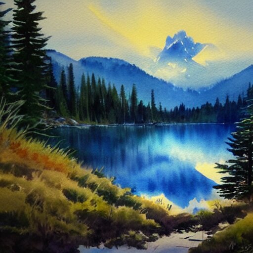 alpine lake. bautiful sunrise. watercolor. trending on artstation 