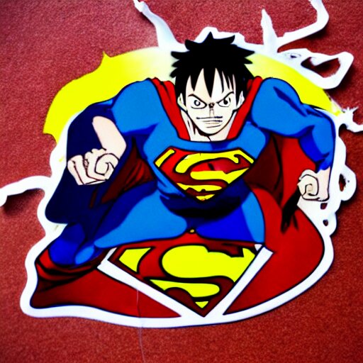 die cut sticker, luffy is superman, splatter paint on paper 