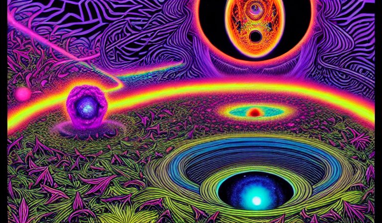 an expansive rendering of beautiful and complex ultimate void and black holes by dan mumford, by jim fitzpatrick, by joe wilson, by jim burns, by victo ngai, by jacek yerka, surrounded with colorful magic mushrooms and rainbowcolored marihuana leaves, insanely integrate, featured on deviant art, trending on artstation 