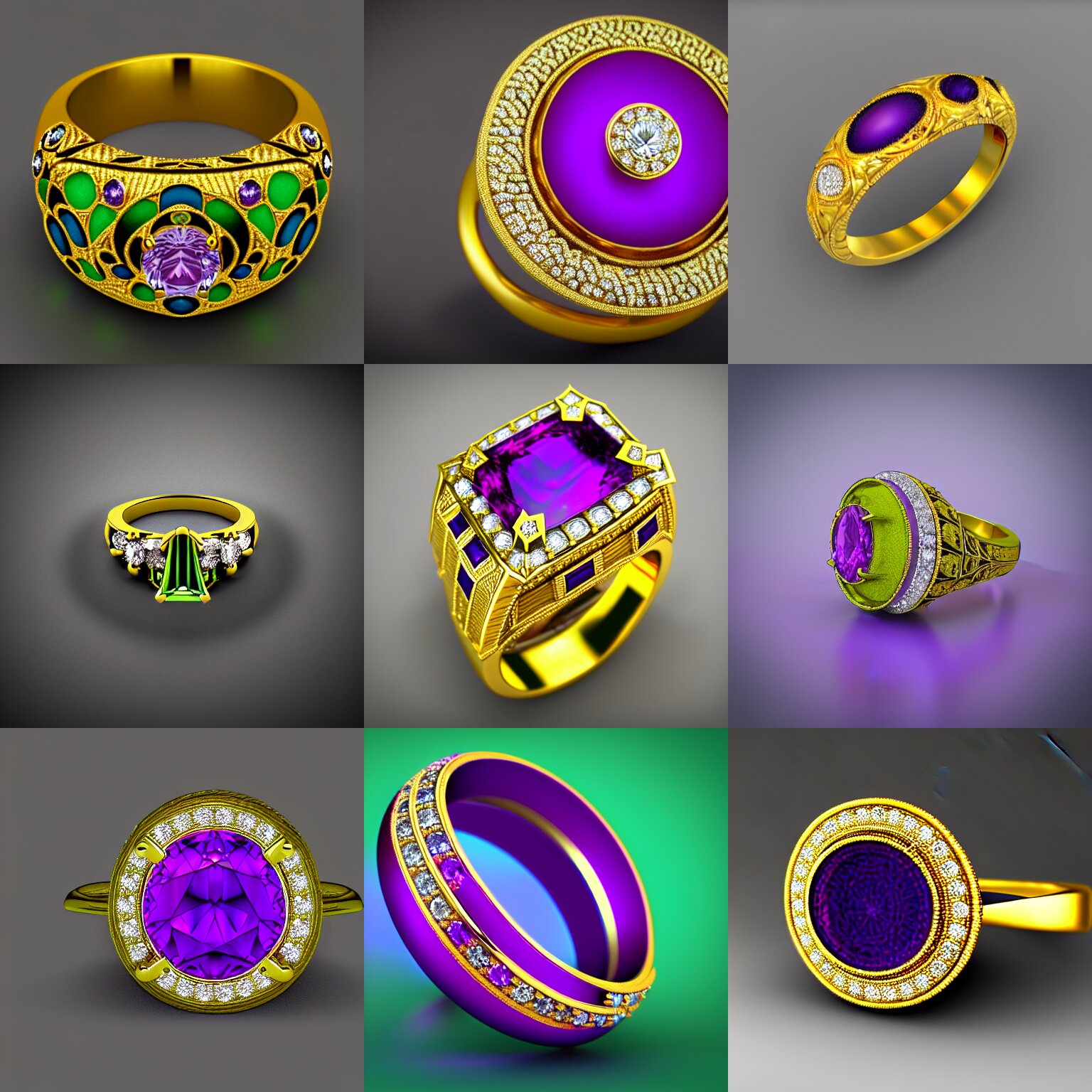 mystical gold and diamond ring with fine purple and green details, ultra detailed, centered, octane render, elegant, caustics 