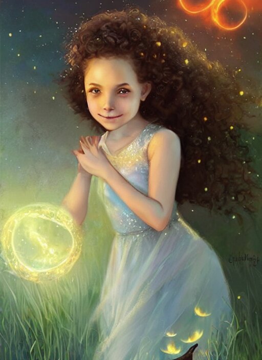 A cute little girl with short curly brown hair with a happy expression wearing a summer dress dancing with fireflies, she is in the distance. beautiful fantasy art by Charlie Bowater.