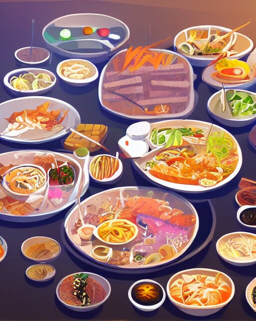 a painting of a table full of korean foods, concept art by taro yamamoto, pixiv contest winner, auto - destructive art, official art, concept art, pixiv 