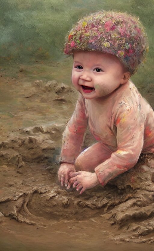 beautiful detailed painting of a baby crawling in the mud. the baby is smiling and happy, and wearing small wellies. vibrant, high quality, very funny, beautiful, hq. hd. 4 k. award winning. trending on artstation 