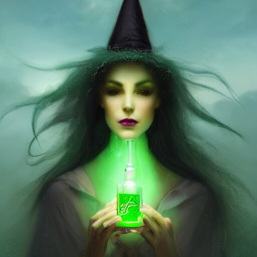 epic portrait an beautiful witch holding an potion bottle full of sparkling glitter liquid, green liquid, glowing, beautiful, goddess, glossy lips, sweaty skin, wet flowing long hair, witch hat, broad light, ambient occlusion, volumetric light effect, made by ivan aivazovsky, peter mohrbacher, greg rutkowski, matte painting, trending on artstation, 4 k, perfectly defined features, digital painting, 