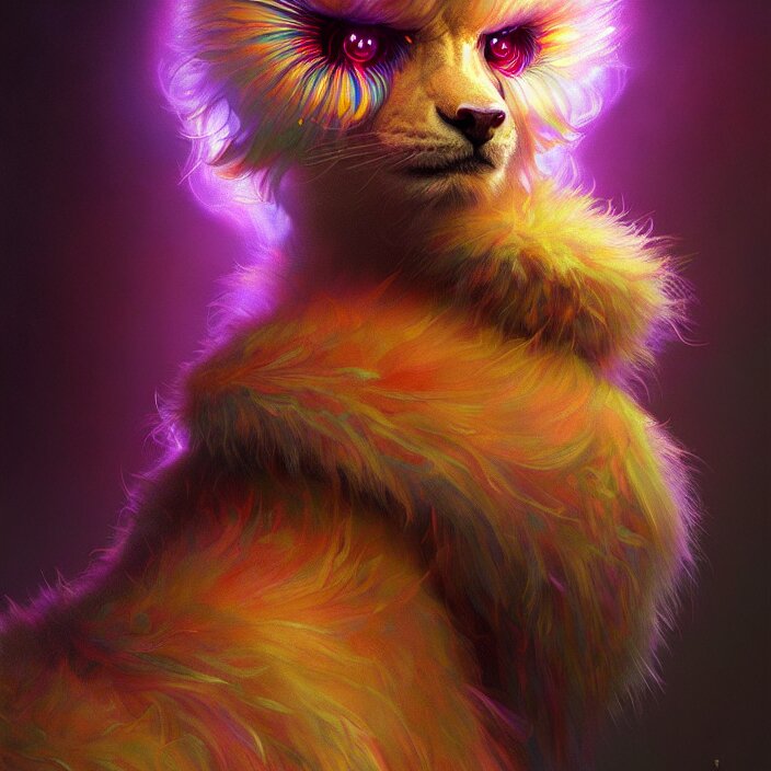 psychedelic fluffy furry animal cyborg, diffuse lighting, fantasy, intricate, elegant, highly detailed, lifelike, photorealistic, digital painting, artstation, illustration, concept art, smooth, sharp focus, art by John Collier and Albert Aublet and Krenz Cushart and Artem Demura and Alphonse Mucha