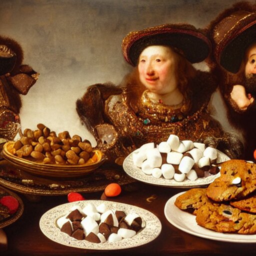 opulent banquet of plates of freshly baked chocolate chip cookies, jelly beans, chocolate sauce, marshmallows, highly detailed, food photography, art by rembrandt 