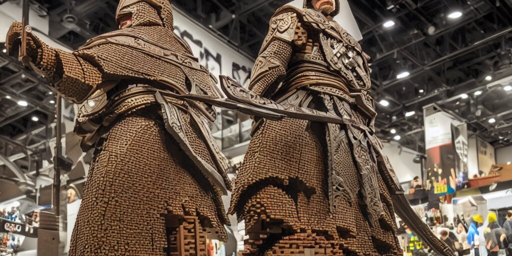 wide shot lens photo of a very intricately detailed and epically shaped 2. 5 meter tall assassin creed lego statue designed by a master builder as displayed at a lego convention, low angle shot. 