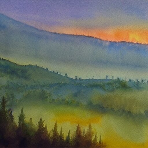 a beautiful watercolor painting of an epic appalachian wilderness at dawn by georgia o'keeffe, wide angle shot, godrays, mystical, deep shadows, epic scale 