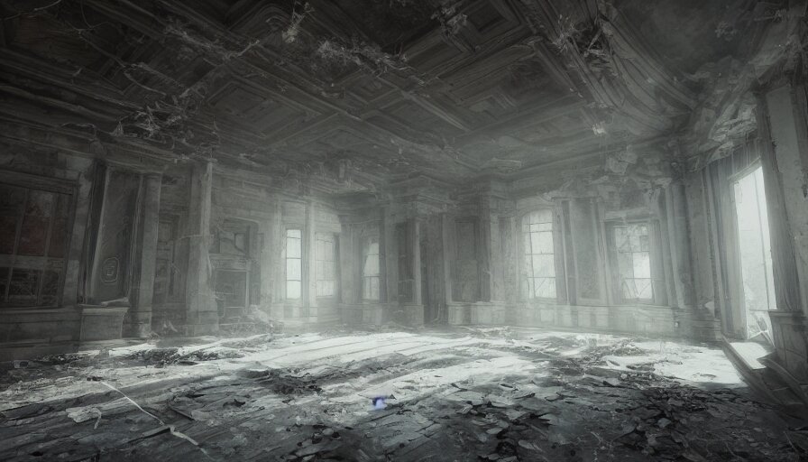 abandoned capitol with cobwebs, dusty dirty floor, collapsed ceiling, flying dust particles, light through, hyperdetailed, artstation, cgsociety, 8 k 