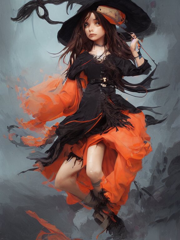 Full shot of a cute mischievous young witch about to get up to some trouble. Latin American fashion. Black and Orange palette. Latina girl. brown skin. By Ruan Jia and Artgerm and Range Murata and WLOP. Key Art. Fantasy Illustration. award winning, Artstation, intricate details, realistic, Hyperdetailed, 8k resolution.