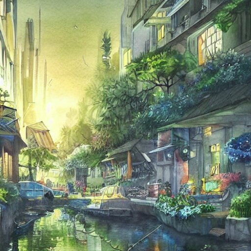 Beautiful happy picturesque charming sci-fi town in harmony with nature. Beautiful light. Water and plants. Nice colour scheme, soft warm colour. Beautiful detailed watercolor by Vincent. (2022)