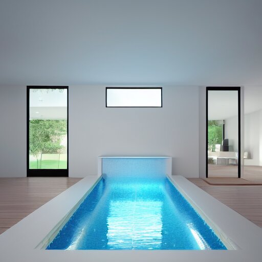 a new swimming pool in a large white room with a door that leads to a gray room with on light on in it. dream like. 