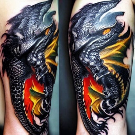 dark and vibrant fantasy dragon!!! drake wyvern, black and emerald dragon!!, forearm tattoo