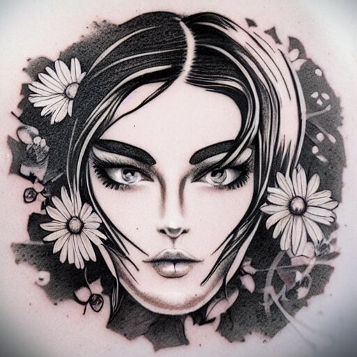 tattoo design, stencil, portrait of a girl by artgerm, symmetrical face, beautiful, daisy flower 