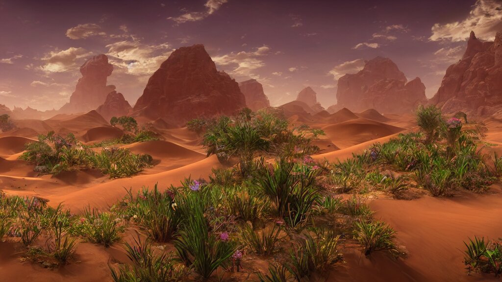 Lexica - The Sahara desert slowly being taken over by plants, fantasy ...