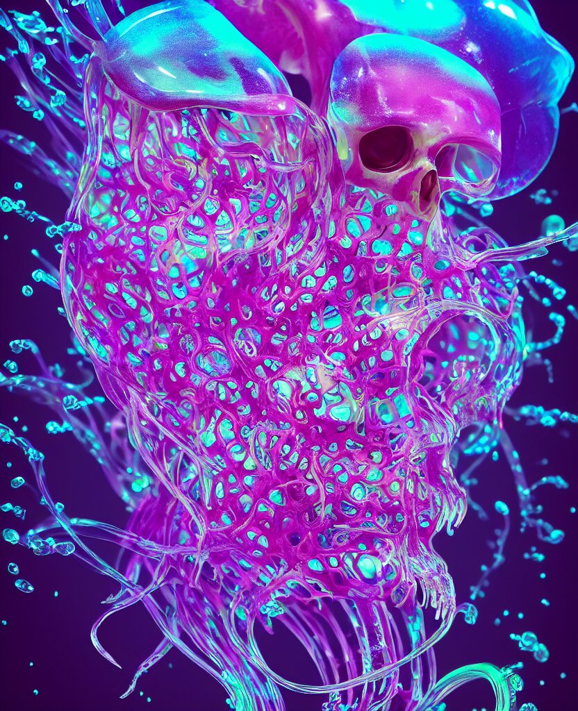 close-up portrait of skull dichroic orchid jellyfish skull, betta fish, bioluminiscent creatures, intricate artwork by Tooth Wu and wlop and beeple. octane render, trending on artstation, greg rutkowski very coherent symmetrical artwork. cinematic, hyper realism, high detail, octane render, 8k