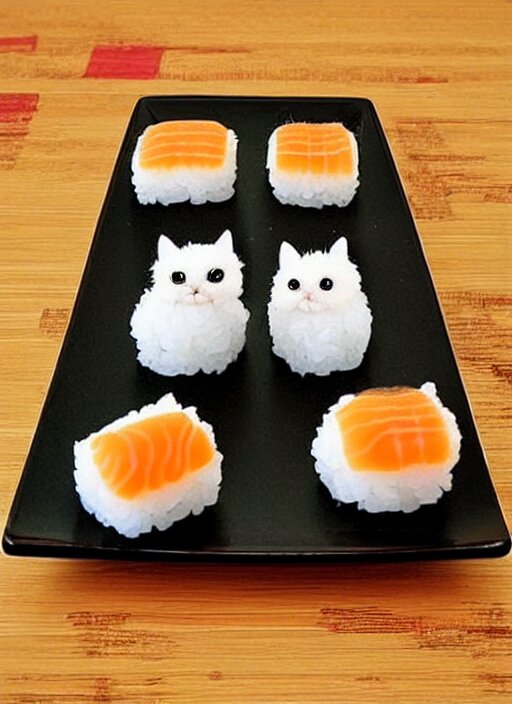 clear surrealist painting of tiny adorable cats made from sushi rice, sitting on sushi plates with sushi, garnish, wasabi and soy sauce 