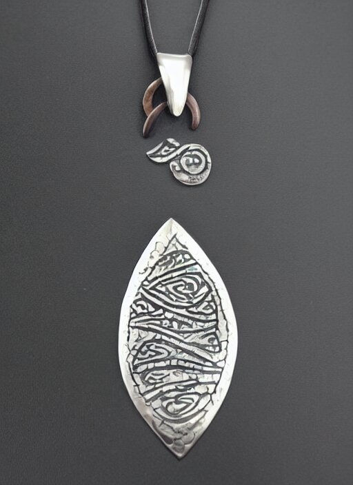 Amulet Of Wave inlaid in silver on a young beautiful woman neck, realistic, clean,