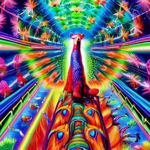 bear riding on a giant peacock through the realms of dmt mario cart race track, painted by lisa frank, alex grey and tim hildebrandt, hyper realism, highly detailed, lsd, psilocybin, sharp focus, sharp contrast, 8 k 