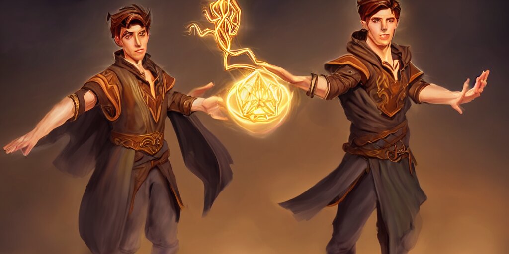 concept art of a handsome young caucasian male sorcerer with brown hair he is casting a spell that is emanating from his hands he is in a alchemist lab, action pose, medium shot, waist up, dungeons and dragons art, magic the gathering art 