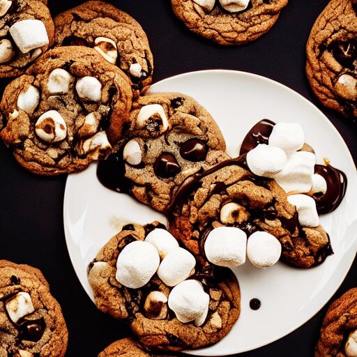 opulent banquet of freshly baked chocolate chip cookies, delicious, glistening, chocolate sauce, marshmallows, highly detailed, food photography, art by rembrandt 