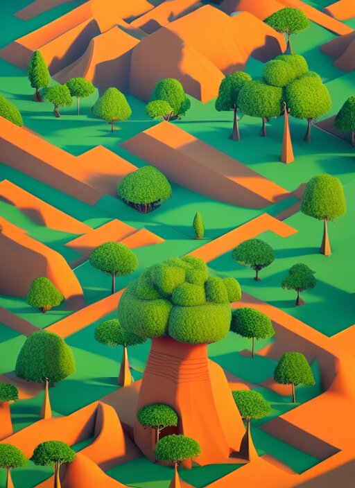 a low poly isometric render of madagascar with baobab trees in the style of monument valley, intricate, elegant, smooth shading, soft lighting, illustration, simple, solid shapes, by magali villeneuve, jeremy lipkin and michael garmash, rob rey and kentaro miura style, octane render, midsommar 