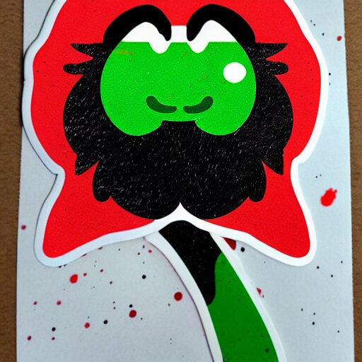 die cut sticker, yoshi wearing mario's mustache, splatter paint 