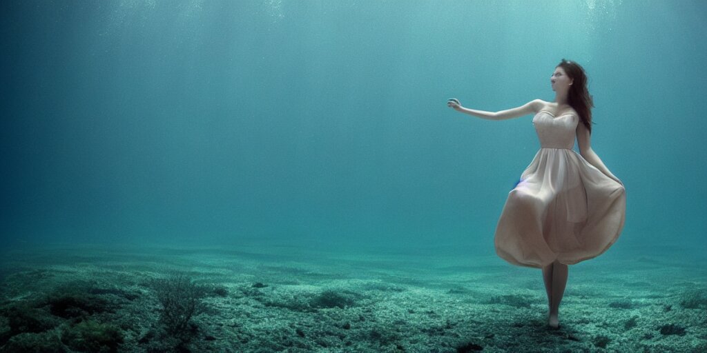 deep underwater photography of beautiful model in flat dress by emmanuel lubezki 