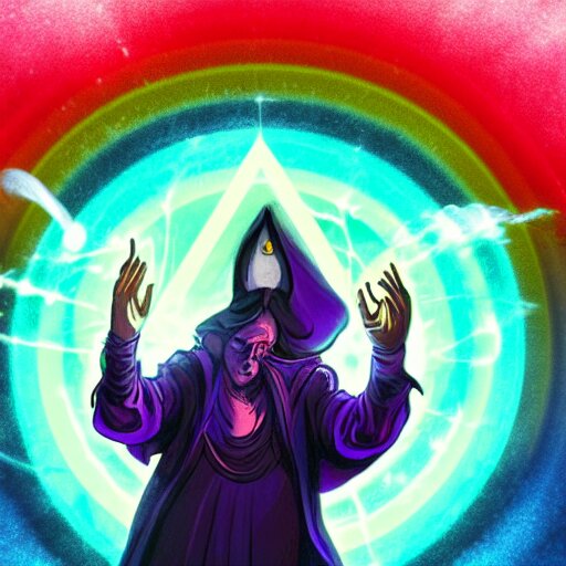 a warlock is casting a magic spell, while magic orb is floating in his hand, the magic orb emit a rainbow vapour, dynamic pose, chromatic aberration , medium level shot, Mucha style , Grim fantasy, illustration ,concept art,